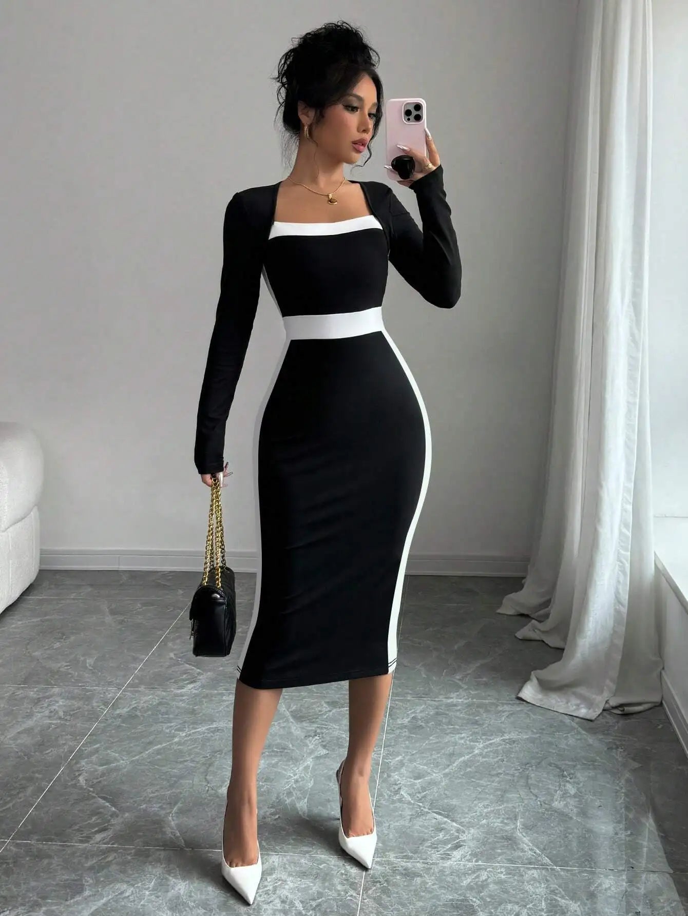 Square Neck High Waist Long Knitted Dress