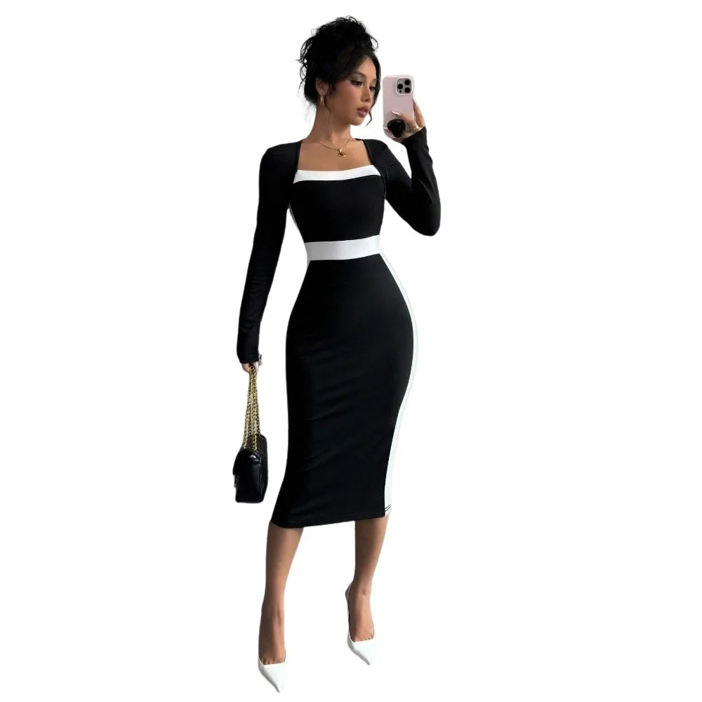 Square Neck High Waist Long Knitted Dress