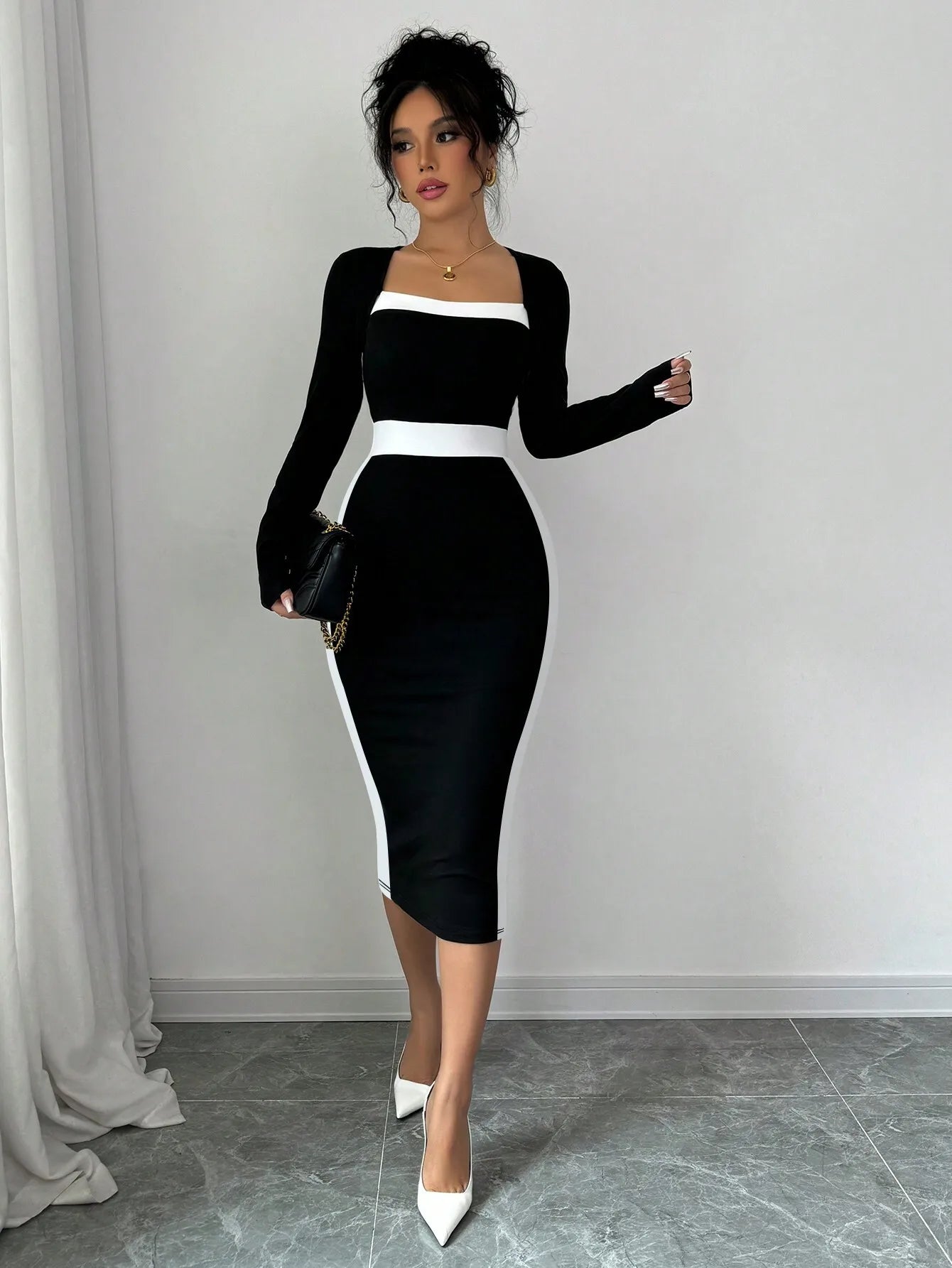 Square Neck High Waist Long Knitted Dress