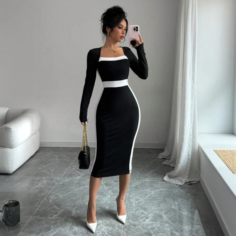 Square Neck High Waist Long Knitted Dress