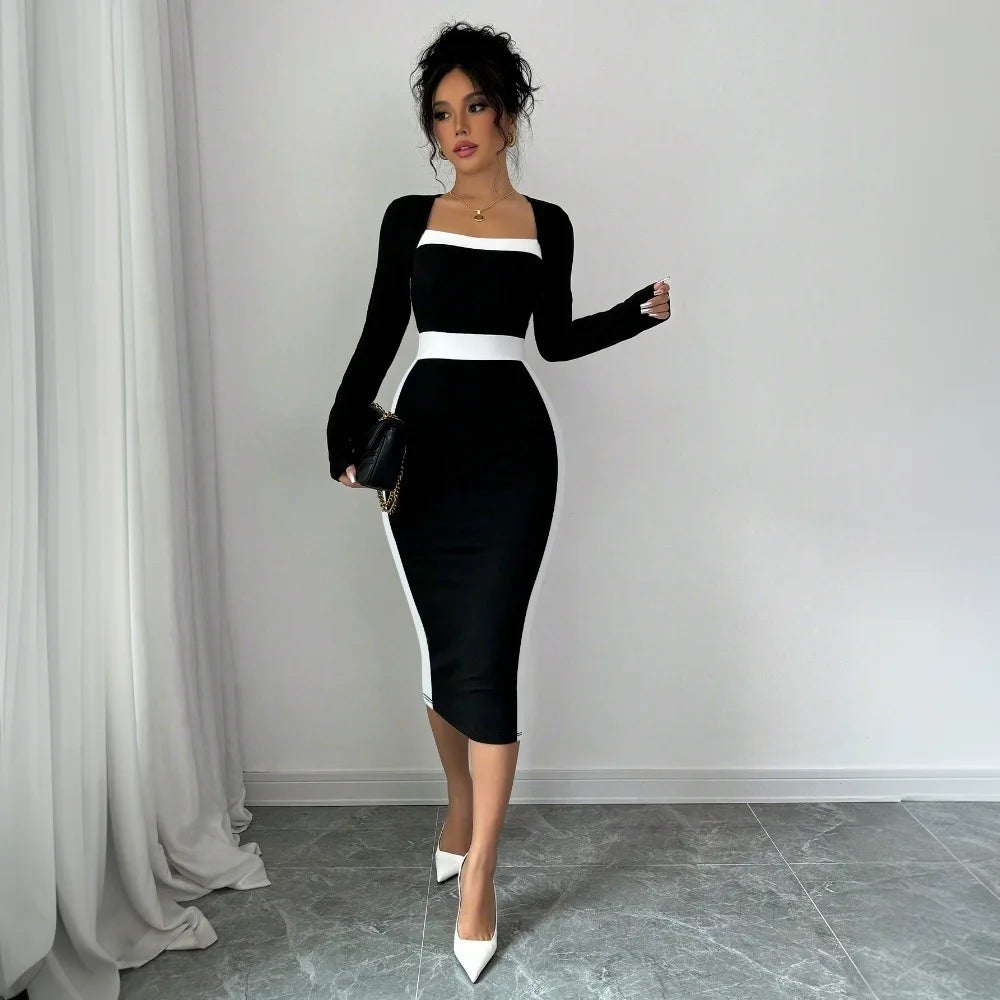 Square Neck High Waist Long Knitted Dress